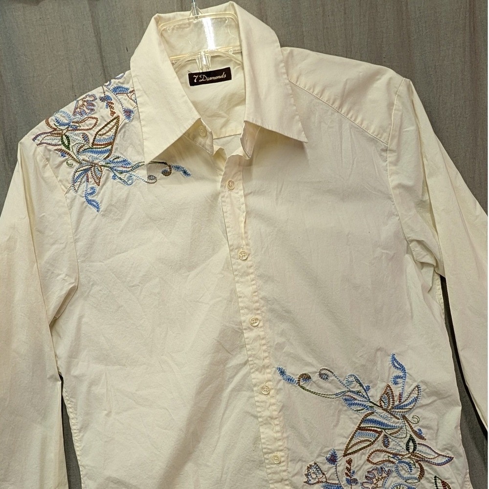 7 Diamonds Mens Embroidered Long Sleeve Button Down Shirt Cream Large
